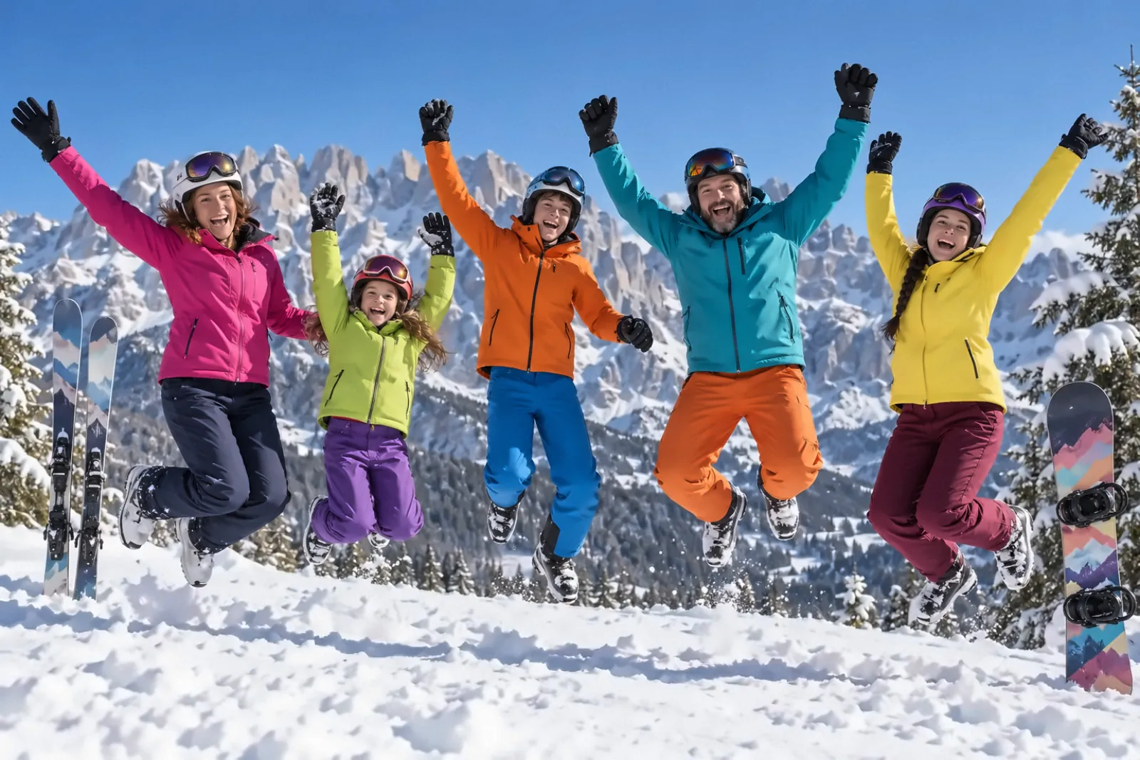 Gruppo di famiglie e amici con sci e snowboard sulla pista, Dolomiti di Brenta sullo sfondo