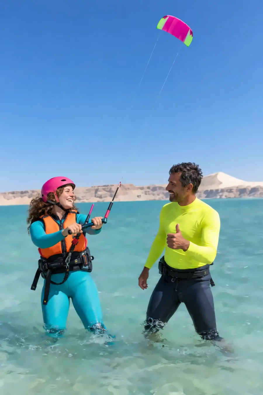 Allieva con casco e giubbotto pilota un piccolo kite in acqua bassa, l'istruttore con la maglia gialla dietro di lei