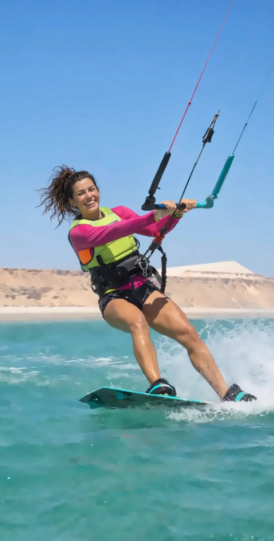 Kiter sorridente seduto sulla tavola in spiaggia dopo la sessione