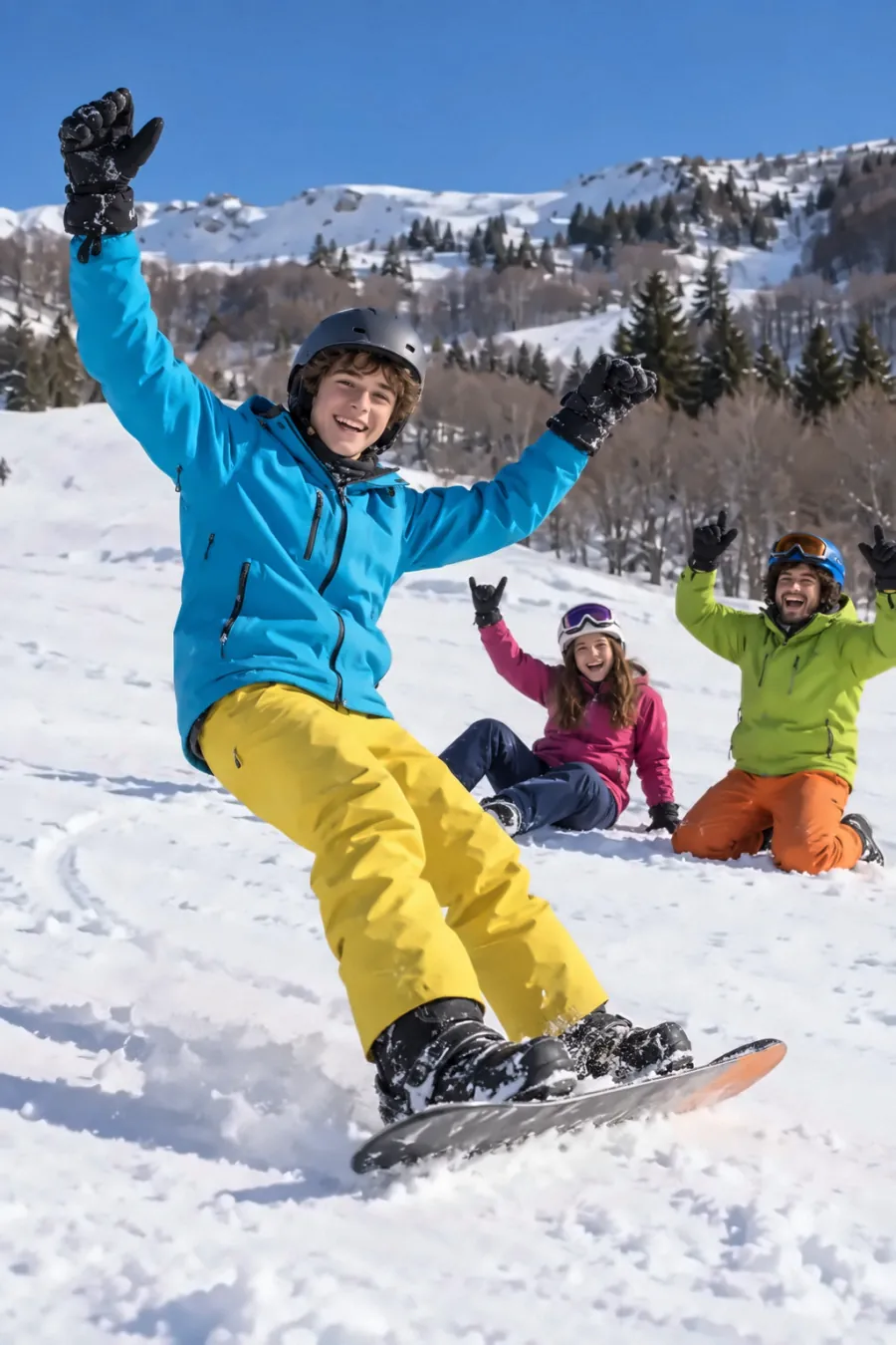 Ragazzo alla prima curva sullo snowboard, altri allievi seduti nella neve guardano