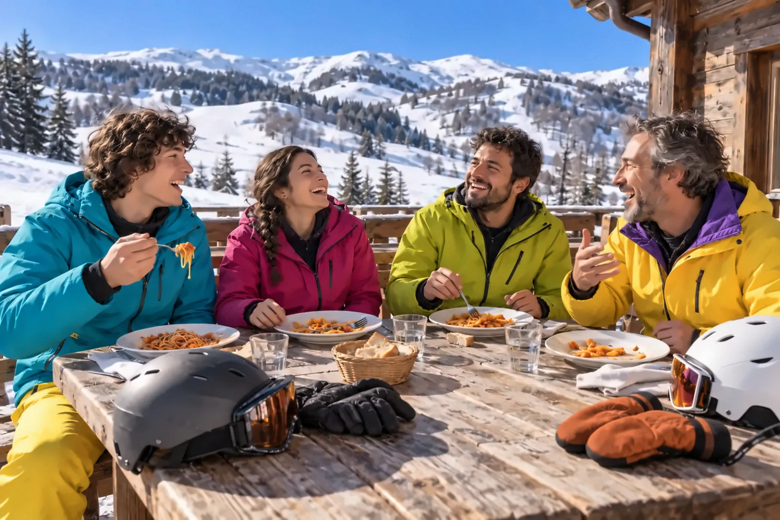 Pranzo sulla terrazza di legno di un rifugio, caschi sul tavolo, piste e bosco sullo sfondo